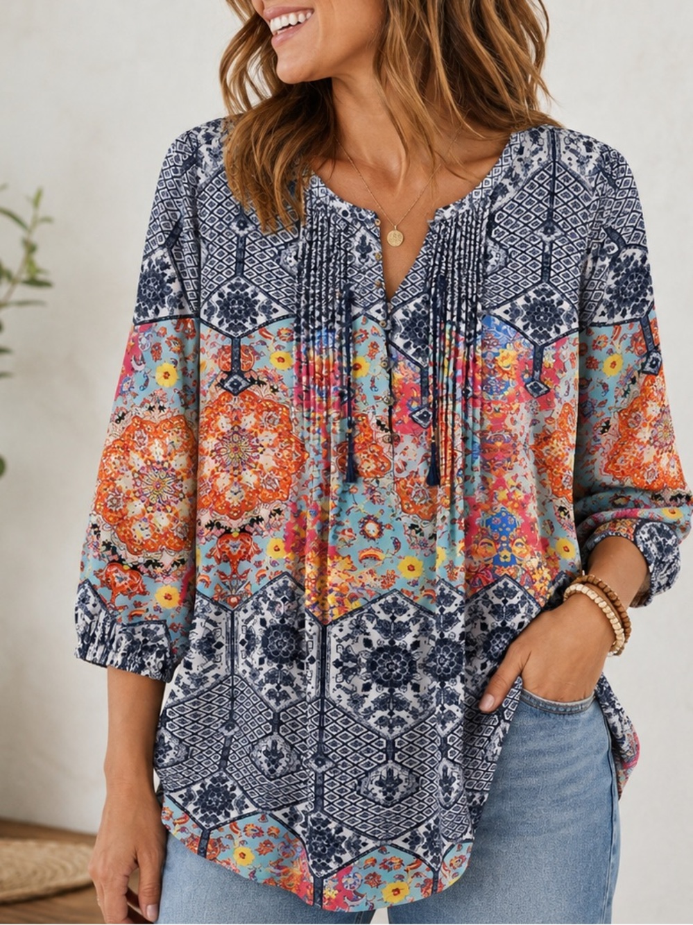 Daniel Rainn Mixed Print Pintuck Tunic Blouse  S